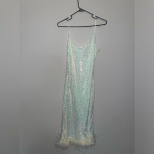 Lucinda Formal Sequin Feather Midi Dress